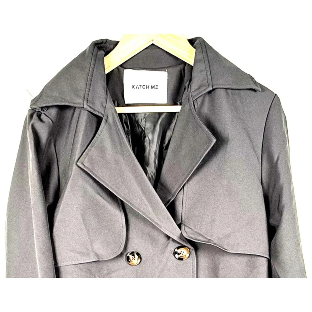 Katch Me Women's L Notch‎ Lapel Double Breasted Belt Trench Coat Gray NEW